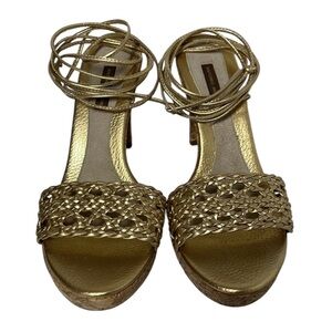 Antonio Melani Women's Size 8M Gold Leather Ankle Tie Sandal Heels EUC